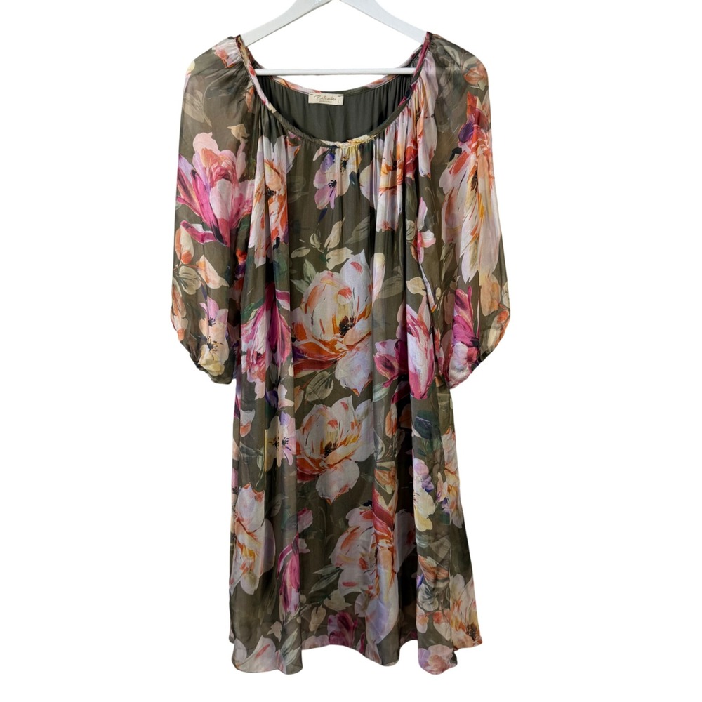 Bellambra Made in Italy Floral Chiffon Tunic Dress Olive Pink Large L Shift 3/4